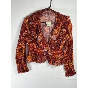 Free People Sweater Womens Small Red Floral Ruffle Peplum Cardigan Boho